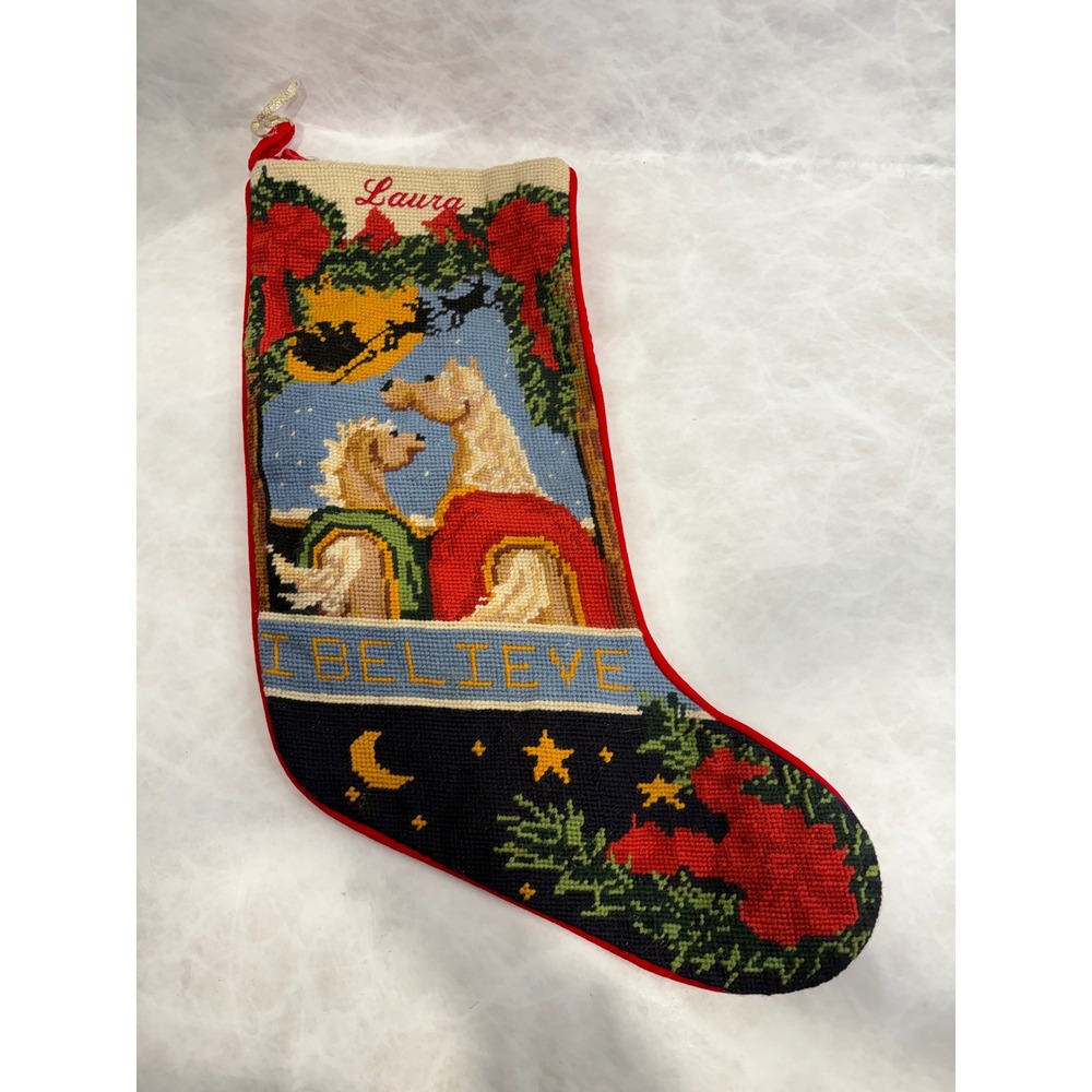 Miller's Collection Wool Needlepoint Christmas Stocking Horses I Believe Laura